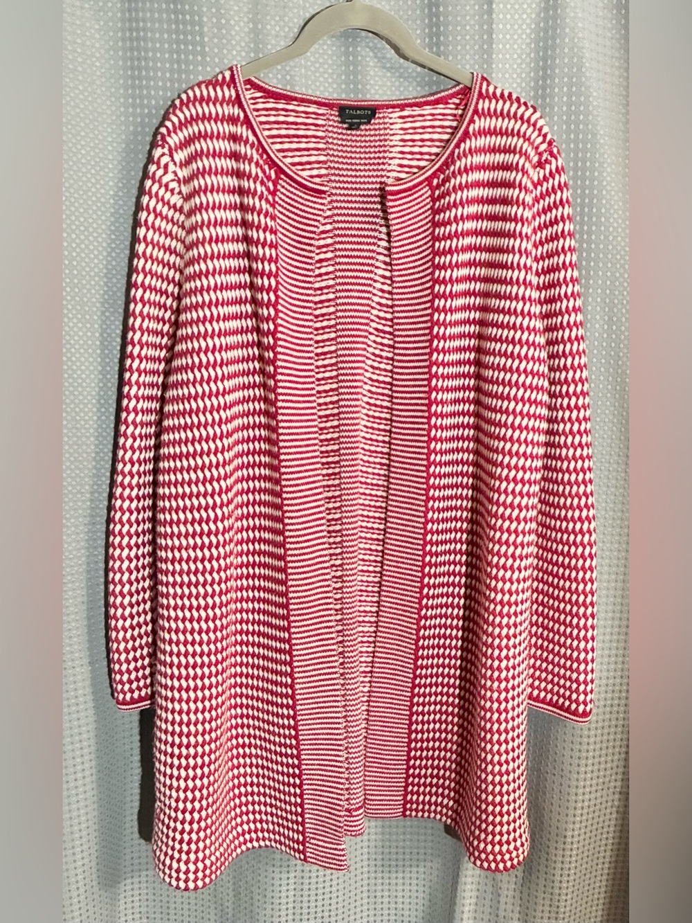 Talbots Red and White Merino Wool Cardigan Sweater Sz L Duster Ling Lined